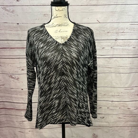 Bar III Sweaters - Bar III Womens Black White Space Dye V-Neck Marled Knit Sweater Top Large